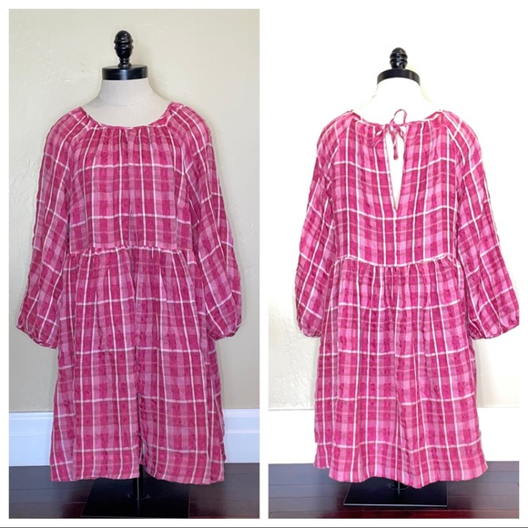 Madewell Plaid Shirred Babydoll Mini Dress Pink Size Medium